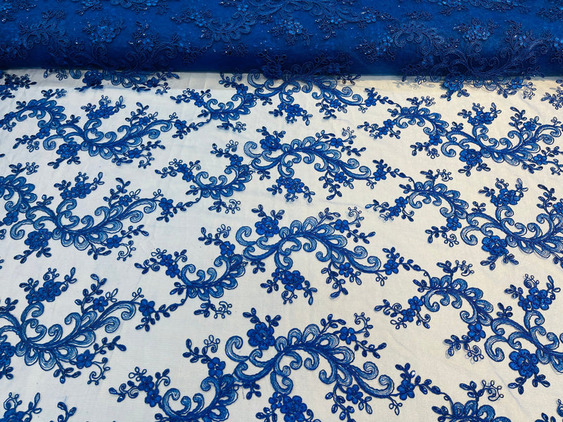 Royal Blue - Floral Lace Fabric, Embroidery With Sequins on a Mesh Lace Fabric By The Yard For Gown, Wedding-Bridal (Choose The Quantity)