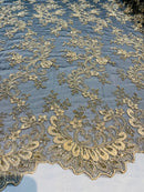 Gold Lace - Floral Lace Fabric, Embroidery With Sequins on a Mesh Lace Fabric By The Yard For Gown, Wedding-Bridal (Choose The Quantity)
