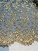Gold Lace - Floral Lace Fabric, Embroidery With Sequins on a Mesh Lace Fabric By The Yard For Gown, Wedding-Bridal (Choose The Quantity)