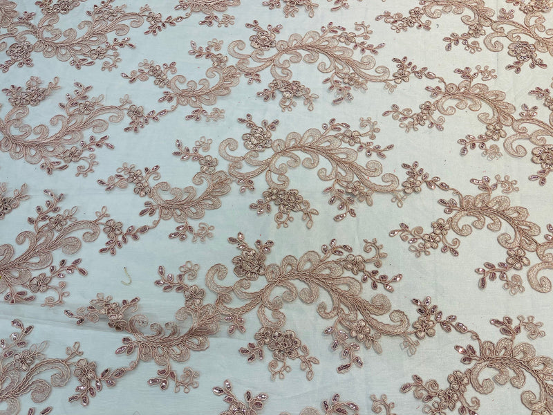 Blush Lace - Floral Lace Fabric, Embroidery With Sequins on a Mesh Lace Fabric By The Yard For Gown, Wedding-Bridal (Choose The Quantity)