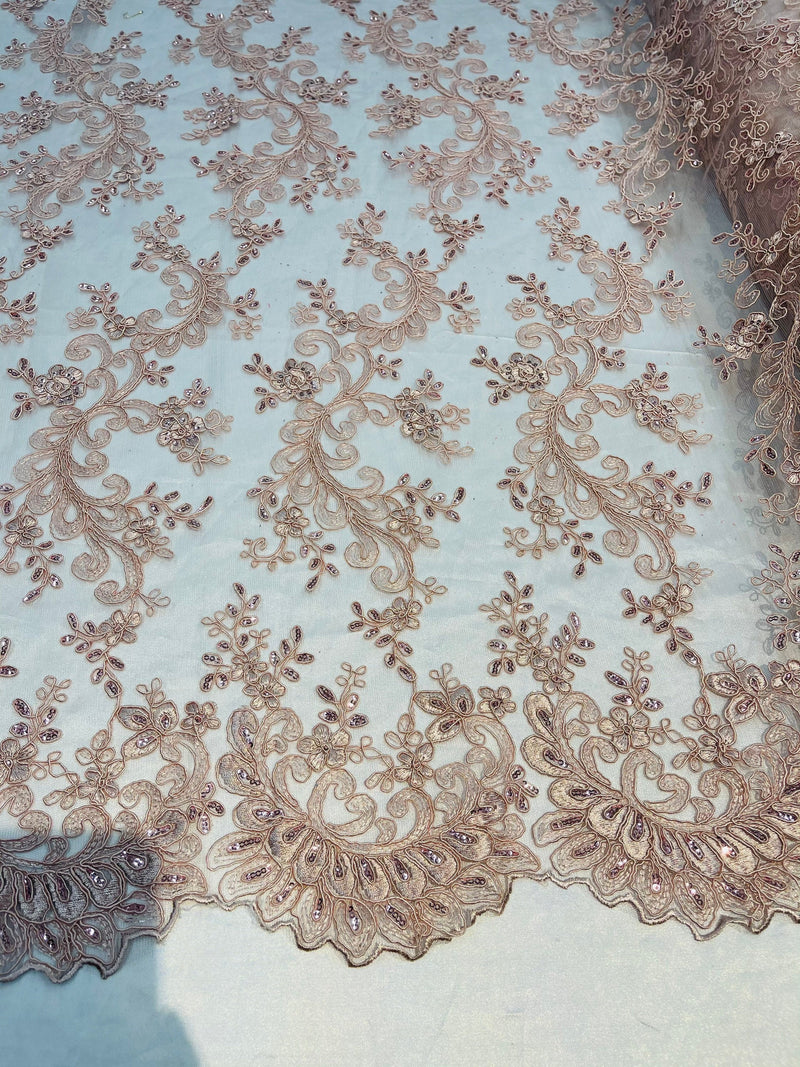 Blush Lace - Floral Lace Fabric, Embroidery With Sequins on a Mesh Lace Fabric By The Yard For Gown, Wedding-Bridal (Choose The Quantity)