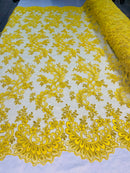 Yellow Lace - Floral Lace Fabric, Embroidery With Sequins on a Mesh Lace Fabric By The Yard For Gown, Wedding-Bridal (Choose The Quantity)