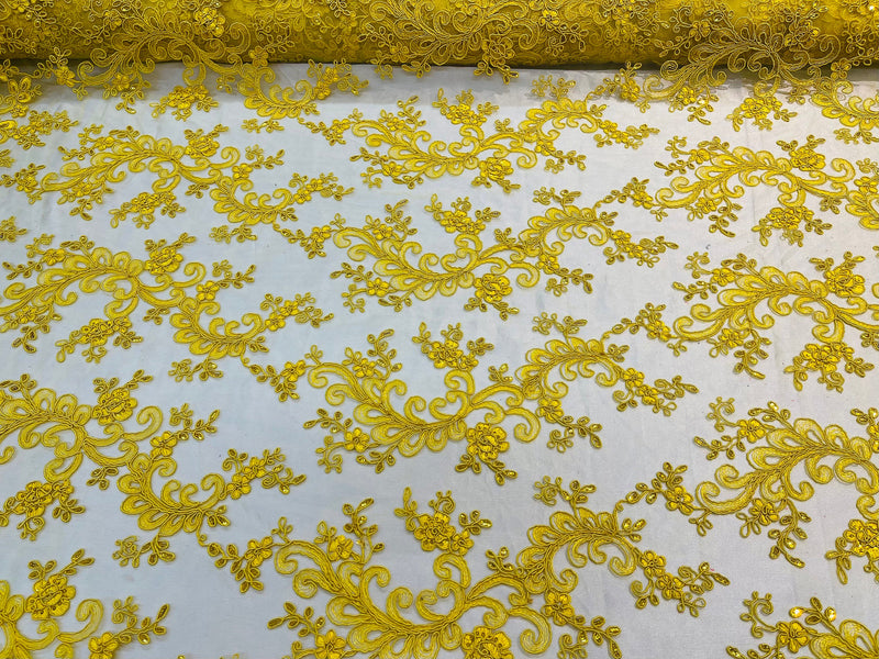 Yellow Lace - Floral Lace Fabric, Embroidery With Sequins on a Mesh Lace Fabric By The Yard For Gown, Wedding-Bridal (Choose The Quantity)