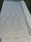 White Lace - Floral Lace Fabric, Embroidery With Sequins on a Mesh Lace Fabric By The Yard For Gown, Wedding-Bridal (Choose The Quantity)