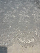 White Lace - Floral Lace Fabric, Embroidery With Sequins on a Mesh Lace Fabric By The Yard For Gown, Wedding-Bridal (Choose The Quantity)