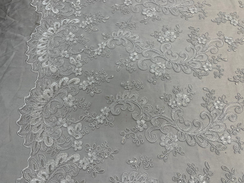White Lace - Floral Lace Fabric, Embroidery With Sequins on a Mesh Lace Fabric By The Yard For Gown, Wedding-Bridal (Choose The Quantity)