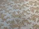 Lt Champagne - Floral Lace Fabric, Embroidery With Sequins on a Mesh Lace Fabric By The Yard For Gown, Wedding-Bridal (Choose The Quantity)