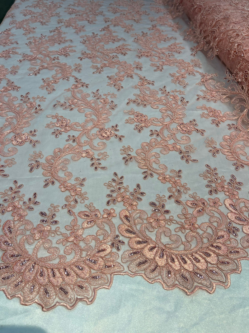 Coral Lace - Floral Lace Fabric, Embroidery With Sequins on a Mesh Lace Fabric By The Yard For Gown, Wedding-Bridal (Choose The Quantity)