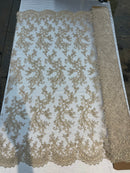 Champagne - Floral Lace Fabric, Embroidery With Sequins on a Mesh Lace Fabric By The Yard For Gown, Wedding-Bridal (Choose The Quantity)