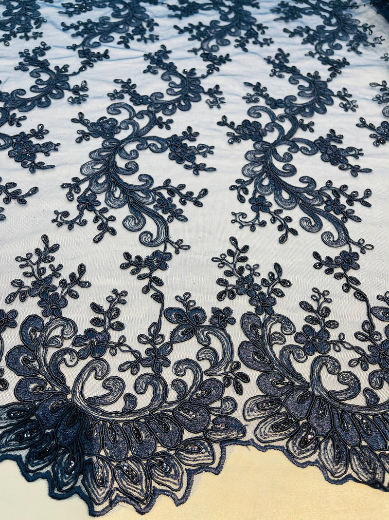 Navy - Floral Lace Fabric, Embroidery With Sequins on a Mesh Lace Fabric By The Yard For Gown, Wedding-Bridal (Choose The Quantity)