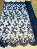 Navy - Floral Lace Fabric, Embroidery With Sequins on a Mesh Lace Fabric By The Yard For Gown, Wedding-Bridal (Choose The Quantity)