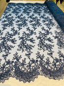 Navy - Floral Lace Fabric, Embroidery With Sequins on a Mesh Lace Fabric By The Yard For Gown, Wedding-Bridal (Choose The Quantity)