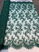 Hunter Green - Floral Lace Fabric, Embroidery With Sequins on a Mesh Lace Fabric By The Yard For Gown, Wedding-Bridal (Choose The Quantity)