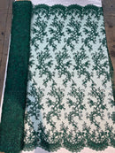 Hunter Green - Floral Lace Fabric, Embroidery With Sequins on a Mesh Lace Fabric By The Yard For Gown, Wedding-Bridal (Choose The Quantity)