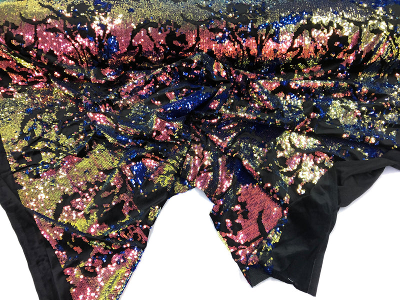 Iridescent Rainbow Sequin on Black Stretch Velvet With Luxury Reversible Sequins Shining Sequins 2-way Stretch 58/60” (Choose The Measure)