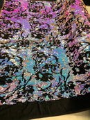 Iridescent Aqua Sequin on Black Stretch Velvet With Luxury Reversible Sequins Shining Sequins 2-way Stretch 58/60” (Choose The Measure)