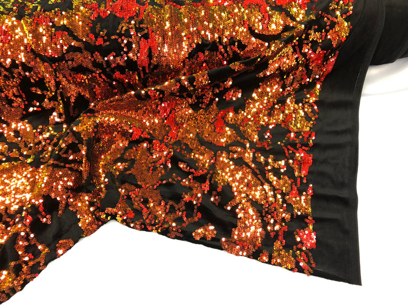 Iridescent Orange Sequin on Black Stretch Velvet With Luxury Reversible Sequins Shining Sequins 2-way Stretch 58/60” (Choose The Measure)
