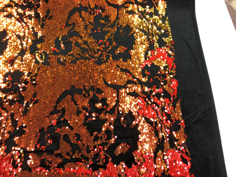 Iridescent Orange Sequin on Black Stretch Velvet With Luxury Reversible Sequins Shining Sequins 2-way Stretch 58/60” (Choose The Measure)