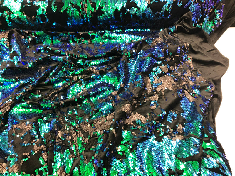 Iridescent Green Sequin on Black Stretch Velvet With Luxury Reversible Sequins Shining Sequins 2-way Stretch 58/60” (Choose The Measure)