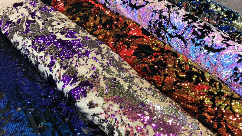 Iridescent Purple Sequin on Black Stretch Velvet With Luxury Reversible Sequins Shining Sequins 2-way Stretch 58/60” (Choose The Measure)