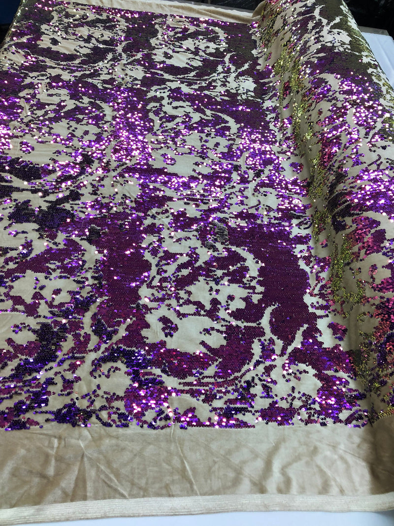 Iridescent Purple Sequin on Camel Stretch Velvet With Luxury Reversible Sequins Shining Sequins 2-way Stretch 58/60” (Choose The Measure)