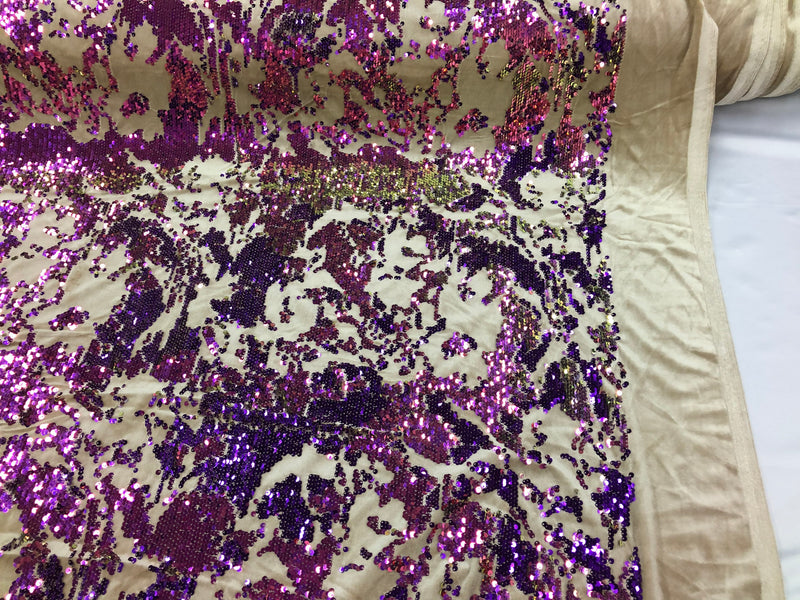 Iridescent Purple Sequin on Camel Stretch Velvet With Luxury Reversible Sequins Shining Sequins 2-way Stretch 58/60” (Choose The Measure)