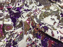 Iridescent Purple Sequin on White Stretch Velvet With Luxury Reversible Sequins Shining Sequins 2-way Stretch 58/60” (Choose The Measure)