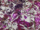 Iridescent Purple Sequin on White Stretch Velvet With Luxury Reversible Sequins Shining Sequins 2-way Stretch 58/60” (Choose The Measure)