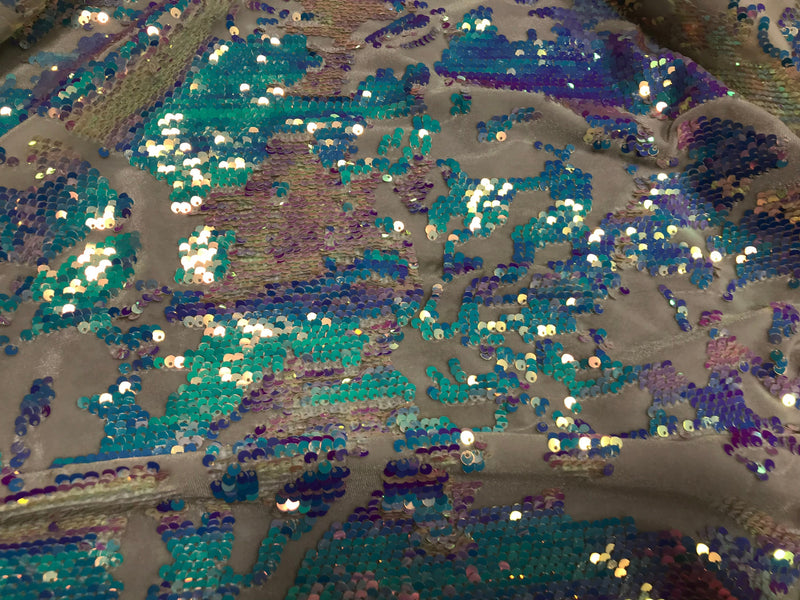 Iridescent Aqua Sequin on Of White Stretch Velvet With Luxury Reversible Sequins Shining Sequins 2-way Stretch 58/60” (Choose The Measure)
