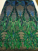 Iridescent Green Sequin Fabric, Geometric Design Embroidered With Sequin on a 4 Way Stretch Sequin Fabric Mesh-Prom-Gown By Yard