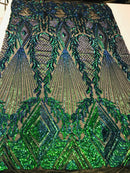Iridescent Green Sequin Fabric, Geometric Design Embroidered With Sequin on a 4 Way Stretch Sequin Fabric Mesh-Prom-Gown By Yard