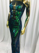 Iridescent Green Sequin Fabric, Geometric Design Embroidered With Sequin on a 4 Way Stretch Sequin Fabric Mesh-Prom-Gown By Yard
