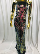 Iridescent Rainbow Sequin Fabric, Geometric Design Embroidered With Sequin on a 4 Way Stretch Sequin Fabric Mesh-Prom-Gown By Yard