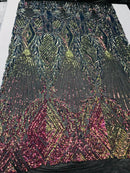 Iridescent Rainbow Sequin Fabric, Geometric Design Embroidered With Sequin on a 4 Way Stretch Sequin Fabric Mesh-Prom-Gown By Yard