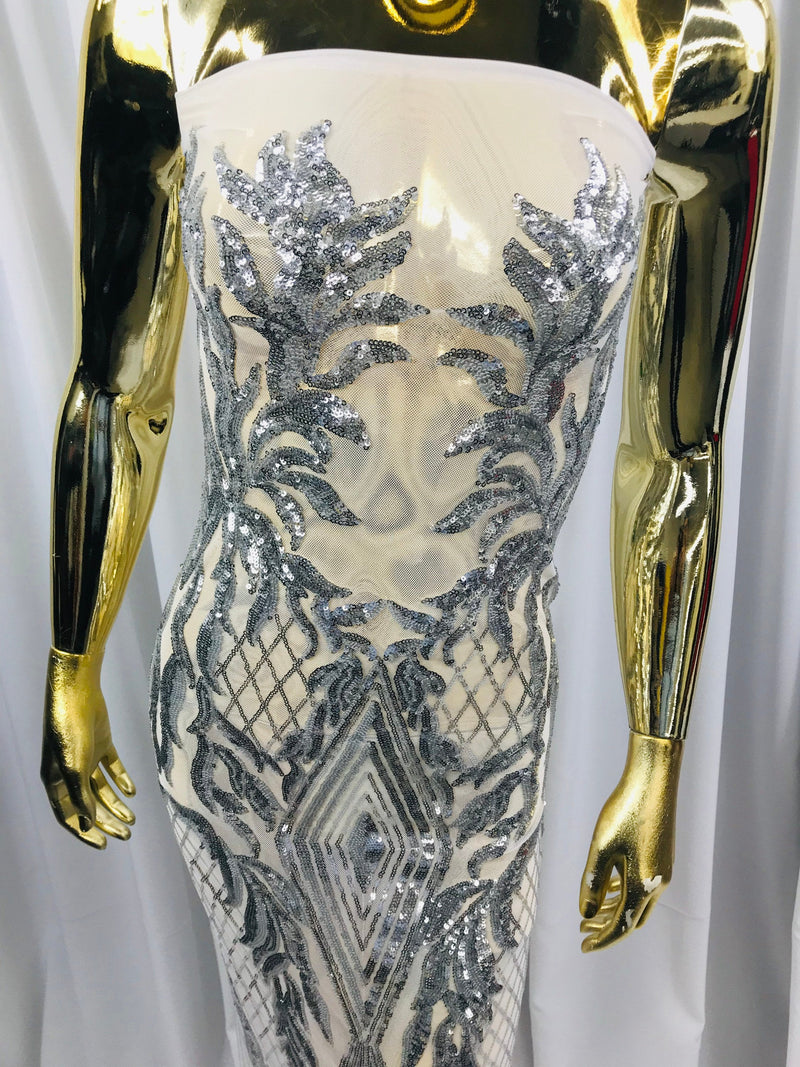 Silver Sequin Fabric, Geometric Design Embroidered With Sequin on a 4 Way Stretch Sequin Fabric Mesh-Prom-Gown By Yard