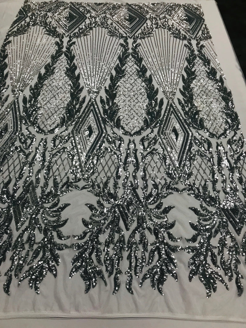 Silver Sequin Fabric, Geometric Design Embroidered With Sequin on a 4 Way Stretch Sequin Fabric Mesh-Prom-Gown By Yard