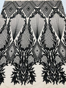 Black Sequins on Nude Mesh, Geometric Design on Mesh 4way Stretch Sequin-Prom-Gown By The Yard