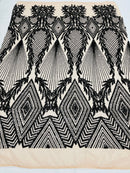 Black Sequins on Nude Mesh, Geometric Design on Mesh 4way Stretch Sequin-Prom-Gown By The Yard