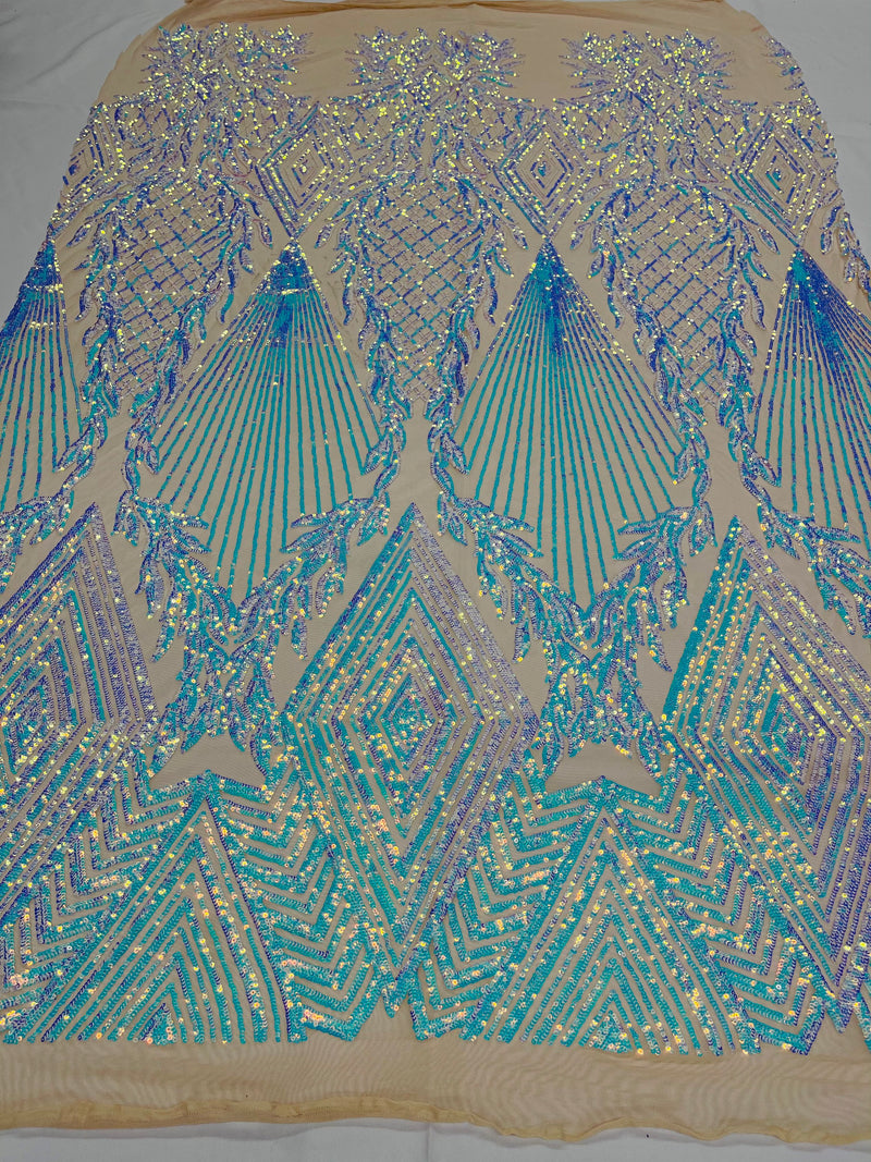 Iridescent Aqua Sequins on Nude Mesh, Geometric Design on Mesh 4way Stretch Sequin-Prom-Gown By The Yard