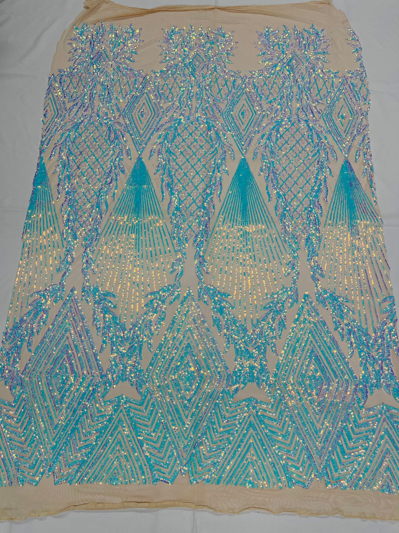 Iridescent Aqua Sequins on Nude Mesh, Geometric Design on Mesh 4way Stretch Sequin-Prom-Gown By The Yard