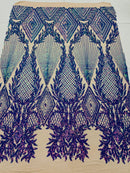 Iridescent Lavender Sequins on Nude Mesh, Geometric Design on Mesh 4way Stretch Sequin-Prom-Gown By The Yard