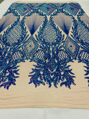 Iridescent Lavender Sequins on Nude Mesh, Geometric Design on Mesh 4way Stretch Sequin-Prom-Gown By The Yard