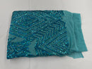Iridescent Turquoise Sequins on a Mesh, Geometric Design on Mesh 4way Stretch Sequin-Prom-Gown By The Yard