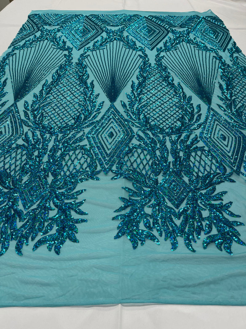 Iridescent Turquoise Sequins on a Mesh, Geometric Design on Mesh 4way Stretch Sequin-Prom-Gown By The Yard