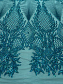 Iridescent Turquoise Sequins on a Mesh, Geometric Design on Mesh 4way Stretch Sequin-Prom-Gown By The Yard