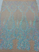 Iridescent Aqua/Pink Sequins on Nude Mesh, Geometric Design on Mesh 4way Stretch Sequin-Prom-Gown By The Yard