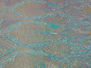 Iridescent Aqua/Pink Sequins on Nude Mesh, Geometric Design on Mesh 4way Stretch Sequin-Prom-Gown By The Yard