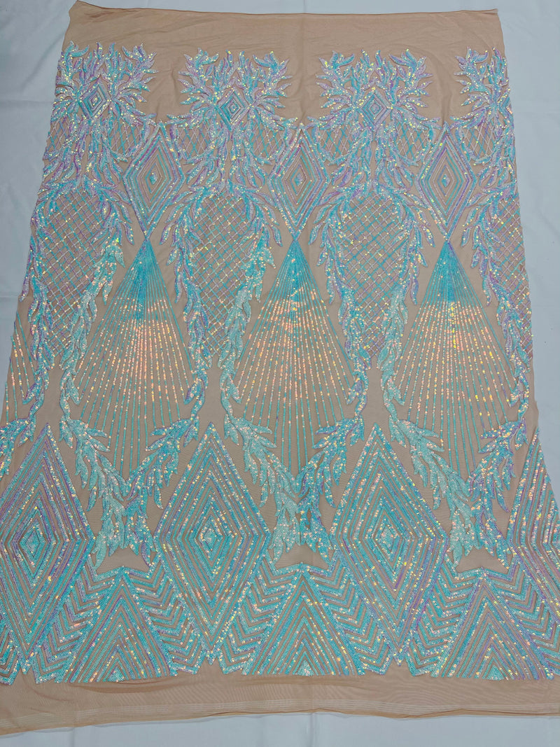 Iridescent Aqua/Pink Sequins on Nude Mesh, Geometric Design on Mesh 4way Stretch Sequin-Prom-Gown By The Yard