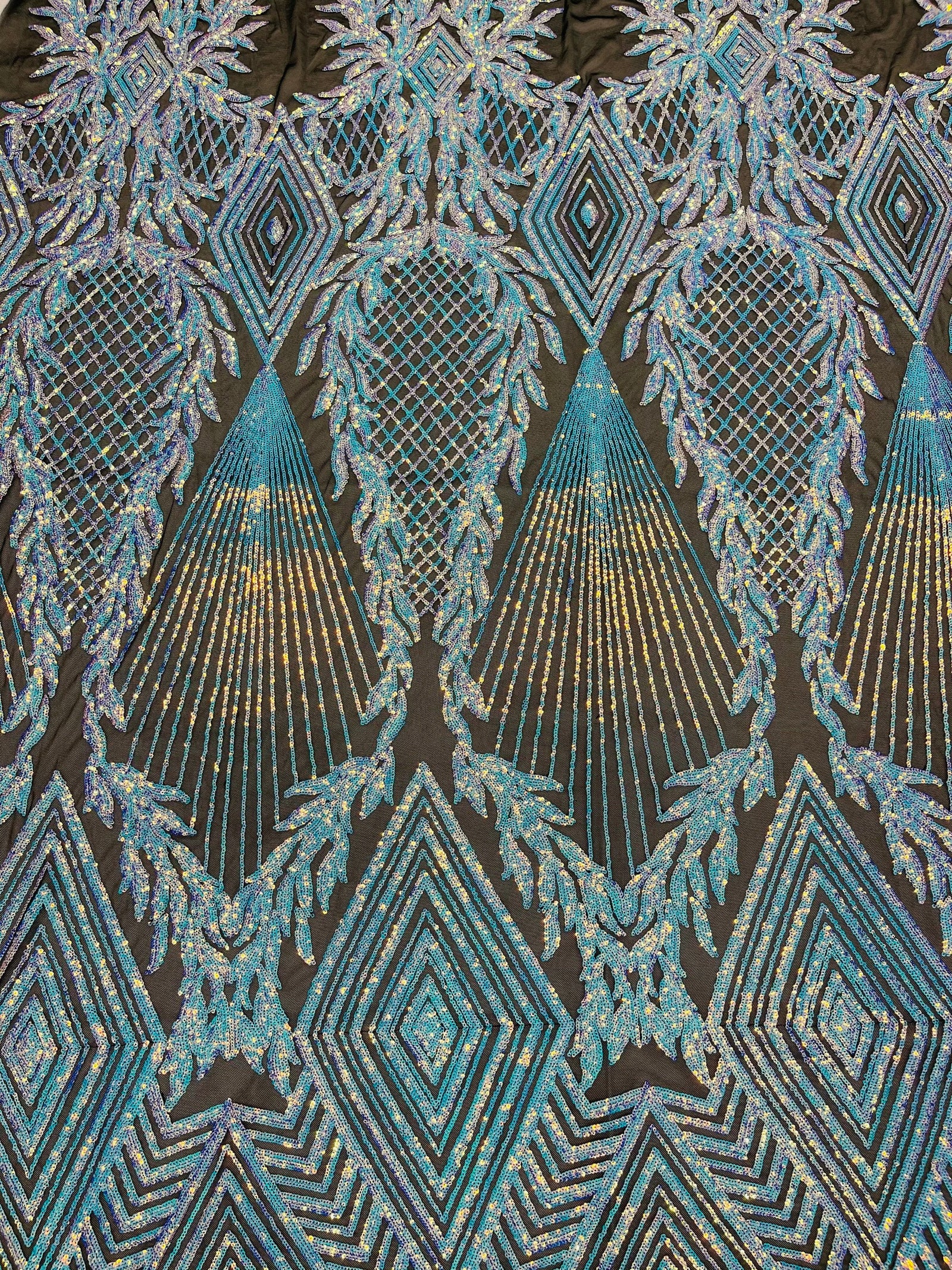 Iridescent Aqua/Pink Sequins on Nude Mesh, Geometric Design on Mesh 4way Stretch Sequin-Prom-Gown By The Yard