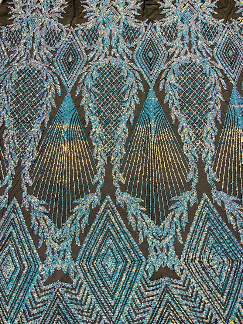 Iridescent Aqua Sequins on Black Mesh, Geometric Design on Mesh 4way Stretch Sequin-Prom-Gown By The Yard
